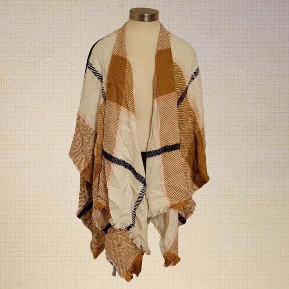 Old Navy Plaid Fringe Fall Shawl One Size Tan Cream Blanket Wrap - Picture 1 of 8